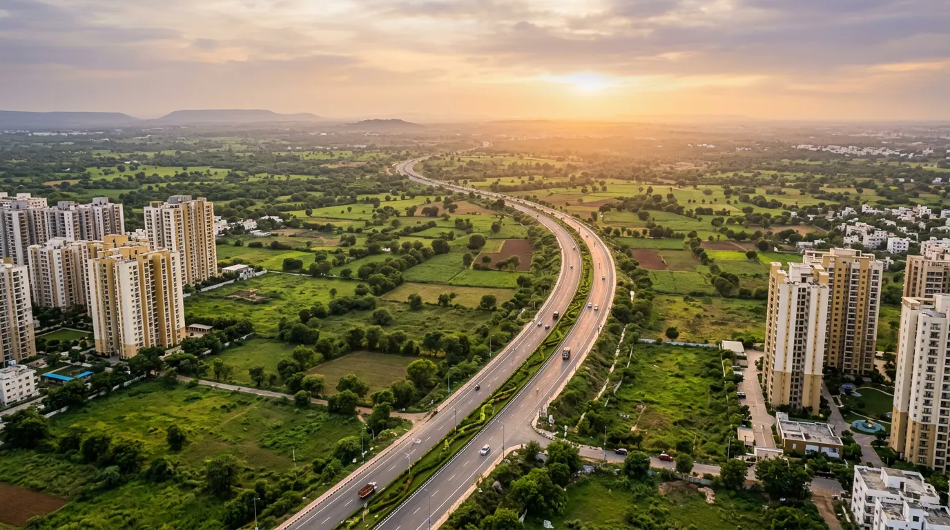 Aerial view of greenery and the new link road through Velimela at sunset