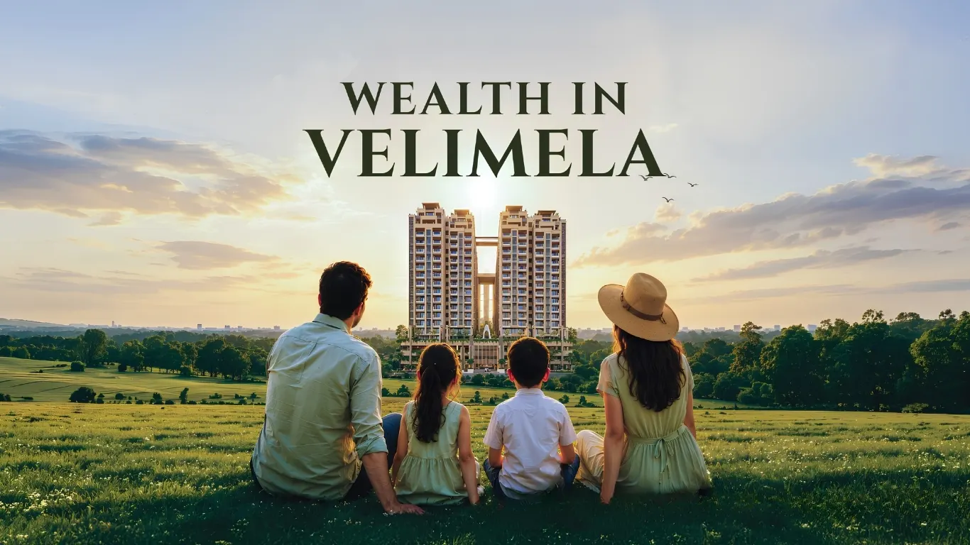 Wealth in Velimela — a family sitting on a green meadow, looking toward twin residential towers at sunrise